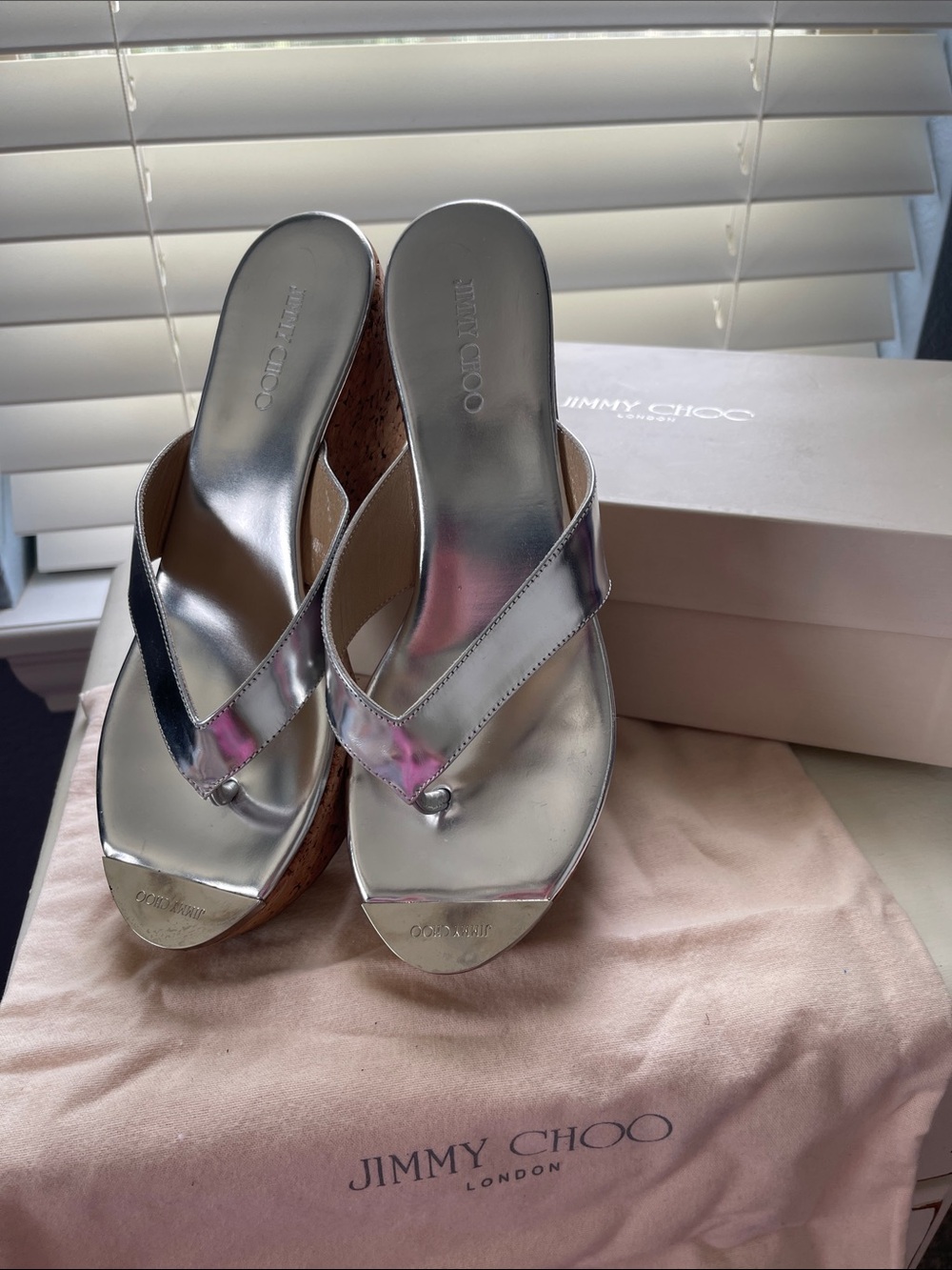 Jimmy Choo Silver Metallic Cork Wedge Thong Sandals